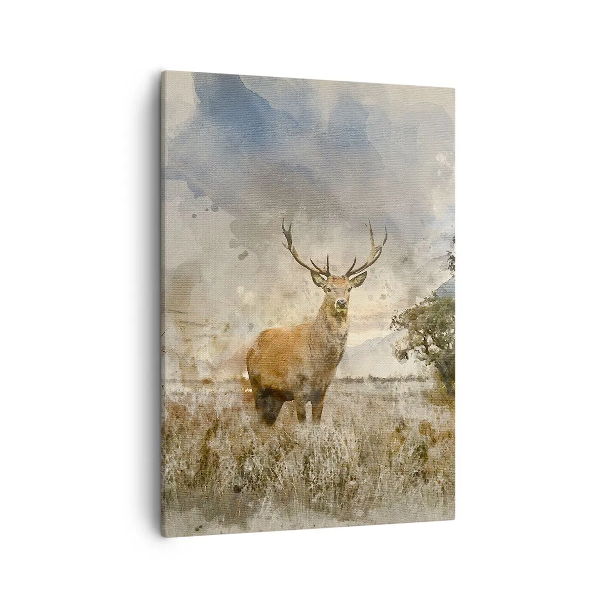 Impression sur toile - Image sur toile - Un cerf dans un cadre naturel dans un style aquarelle - 50x70cm - Dignité - force - majesté - Décoration murale moderne pour le salon et la chambre ARTTOR