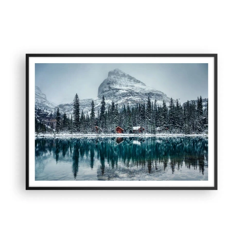 Affiche dans un cadre noir - Poster - Paysage d'hiver avec des chalets dans la forêt au bord d'un lac gelé - 100x70cm - Retraite canadienne - Décoration murale moderne pour le salon et la chambre ARTTOR