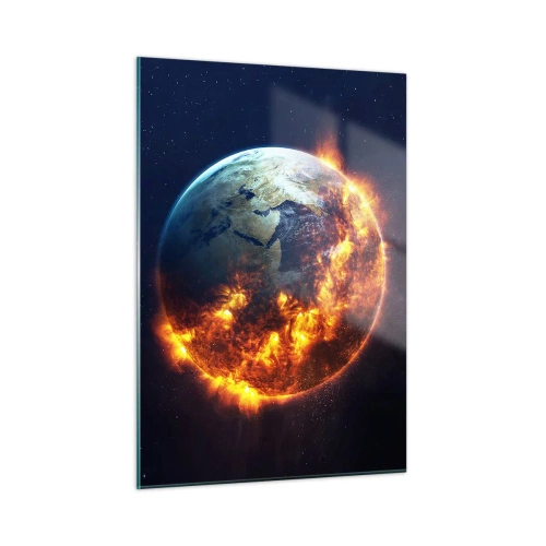 Impression sur verre - Image sur verre - La Terre entourée de flammes dans l'espace - 50x70cm - La flamme de l'apocalypse - Décoration murale moderne pour le salon et la chambre ARTTOR