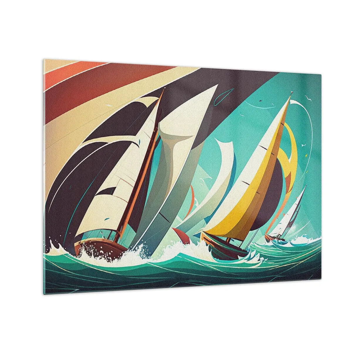 Impression sur verre - Image sur verre - Illustration de style rétro de voiliers dans une mer agitée - 70x50cm - Bonne chance avec les éléments - Décoration murale moderne pour le salon et la chambre ARTTOR