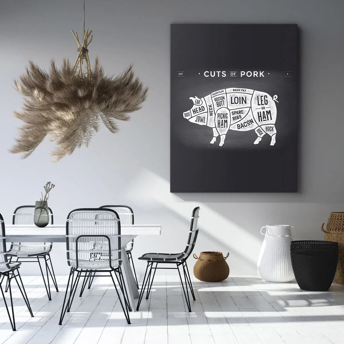 Impression sur toile - Image sur toile - Diagramme des coupes de porc sur fond noir - 80x120cm - L'art de la découpe - Décoration murale moderne pour le salon et la chambre ARTTOR