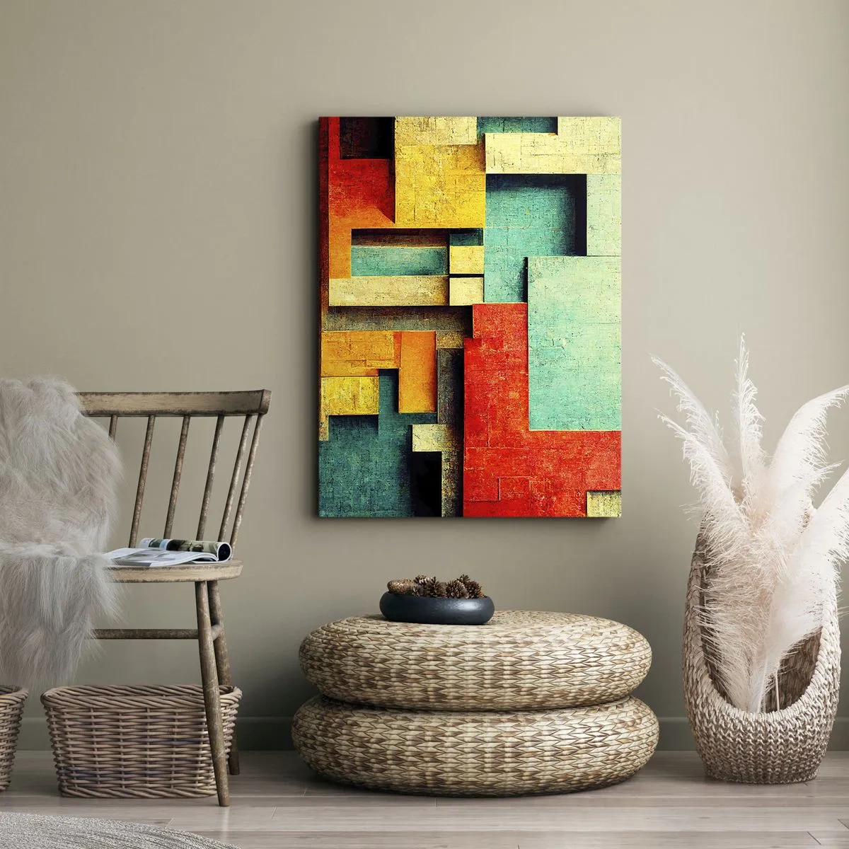 Impression sur toile - Image sur toile - Formes géométriques abstraites aux couleurs vives - 50x70cm - Festival des angles droits - Décoration murale moderne pour le salon et la chambre ARTTOR