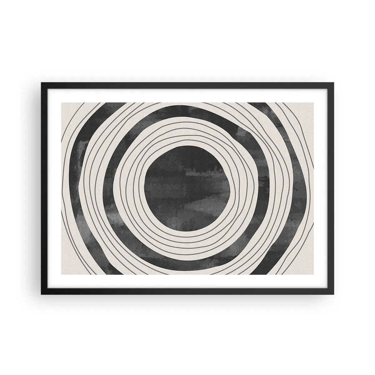 Affiche dans un cadre noir - Poster - Cercles concentriques noirs et blancs sur fond clair - 70x50cm - Droit au but - Décoration murale moderne pour le salon et la chambre ARTTOR