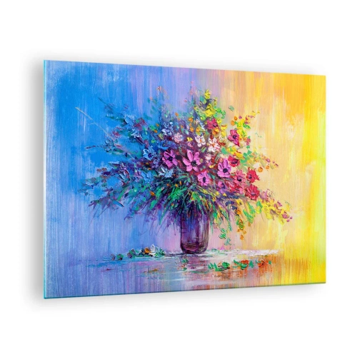 Impression sur verre - Image sur verre - Un bouquet de fleurs colorées dans un vase sur un fond abstrait - 70x50cm - Cadeau d'été de la prairie - Décoration murale moderne pour le salon et la chambre ARTTOR