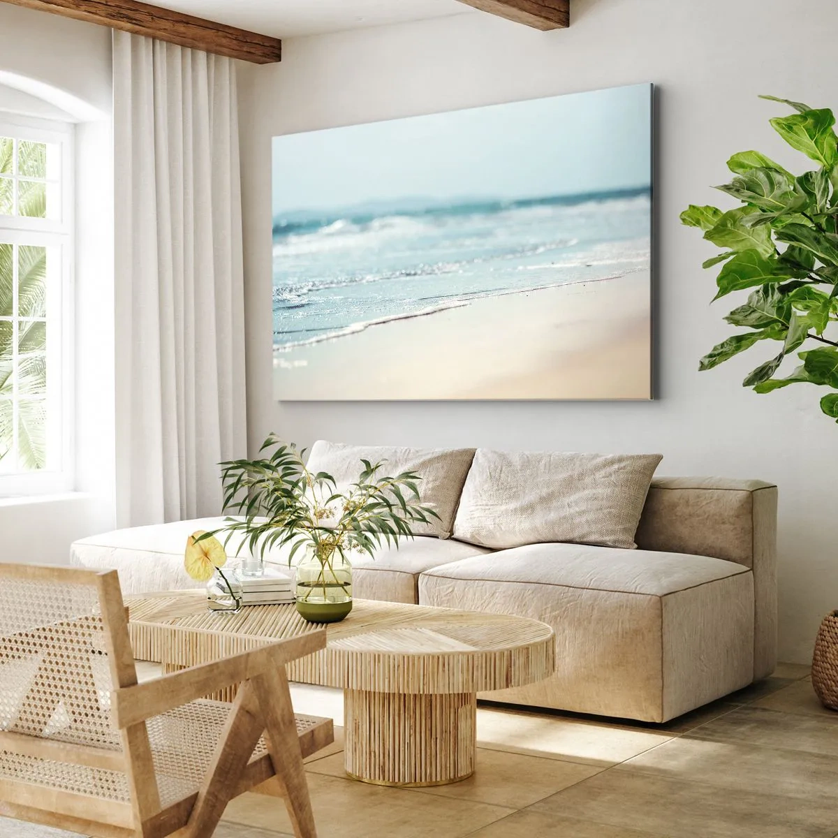 Impression sur toile - Image sur toile - Douces vagues de l'océan sur une plage de sable - 100x70cm - Chaleur et bruissement - Décoration murale moderne pour le salon et la chambre ARTTOR