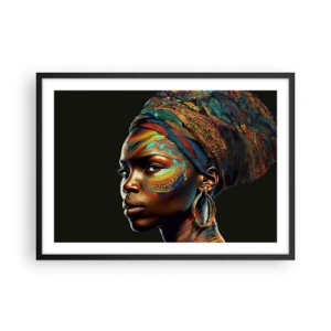 Affiche dans un cadre noir - Poster - Portrait d'une femme avec un motif coloré et un turban - 70x50cm - reine africaine - Décoration murale moderne pour le salon et la chambre ARTTOR