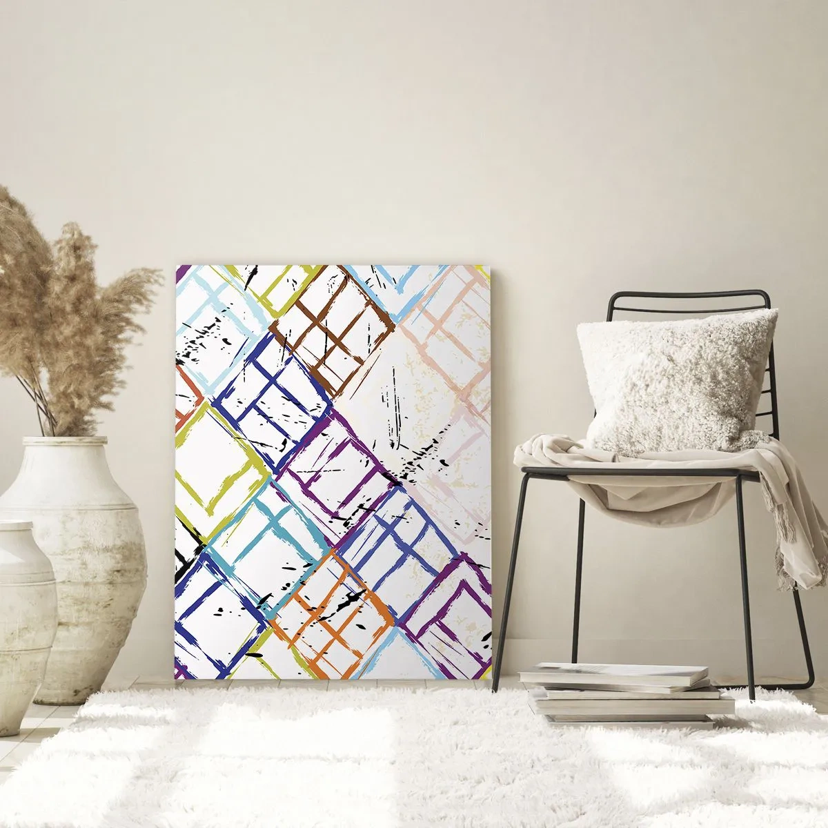 Impression sur verre - Image sur verre - Abstraction colorée avec des formes géométriques sur fond blanc - 70x100cm - Cellules à louer - Décoration murale moderne pour le salon et la chambre ARTTOR