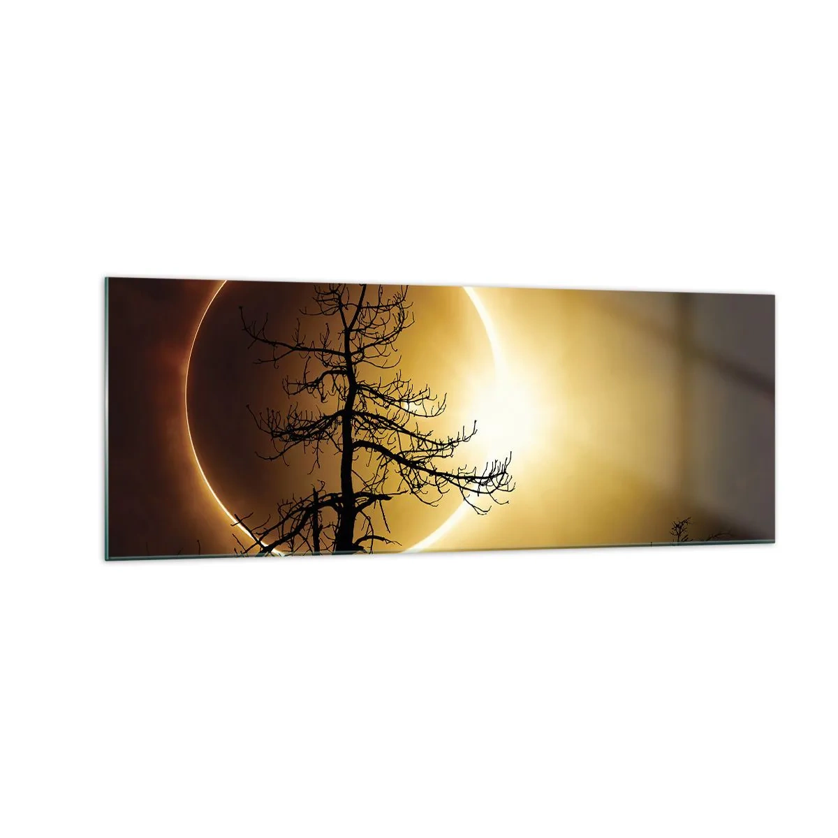 Impression sur verre - Image sur verre - Éclipse solaire avec une silhouette d'arbre au premier plan - 140x50cm - Éclipse totale - Décoration murale moderne pour le salon et la chambre ARTTOR