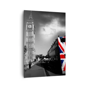 Impression sur toile - Image sur toile - Big Ben et un bus avec un drapeau britannique sur fond noir et blanc - 70x100cm - Fière et grande - Décoration murale moderne pour le salon et la chambre ARTTOR