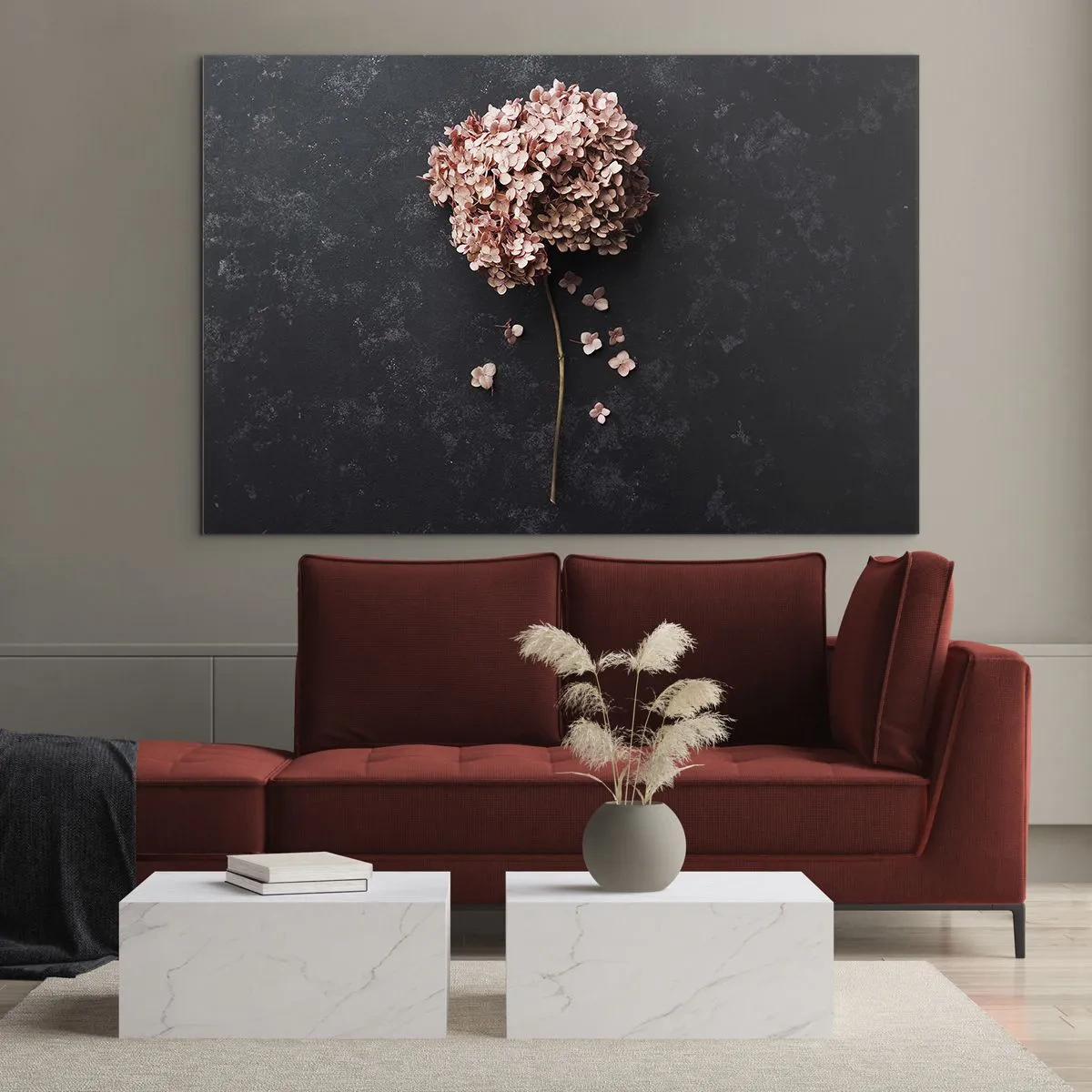 Impression sur verre - Image sur verre - Hortensia sec aux pétales dispersés sur un fond sombre - 120x80cm - Un signe vraiment romantique - Décoration murale moderne pour le salon et la chambre ARTTOR