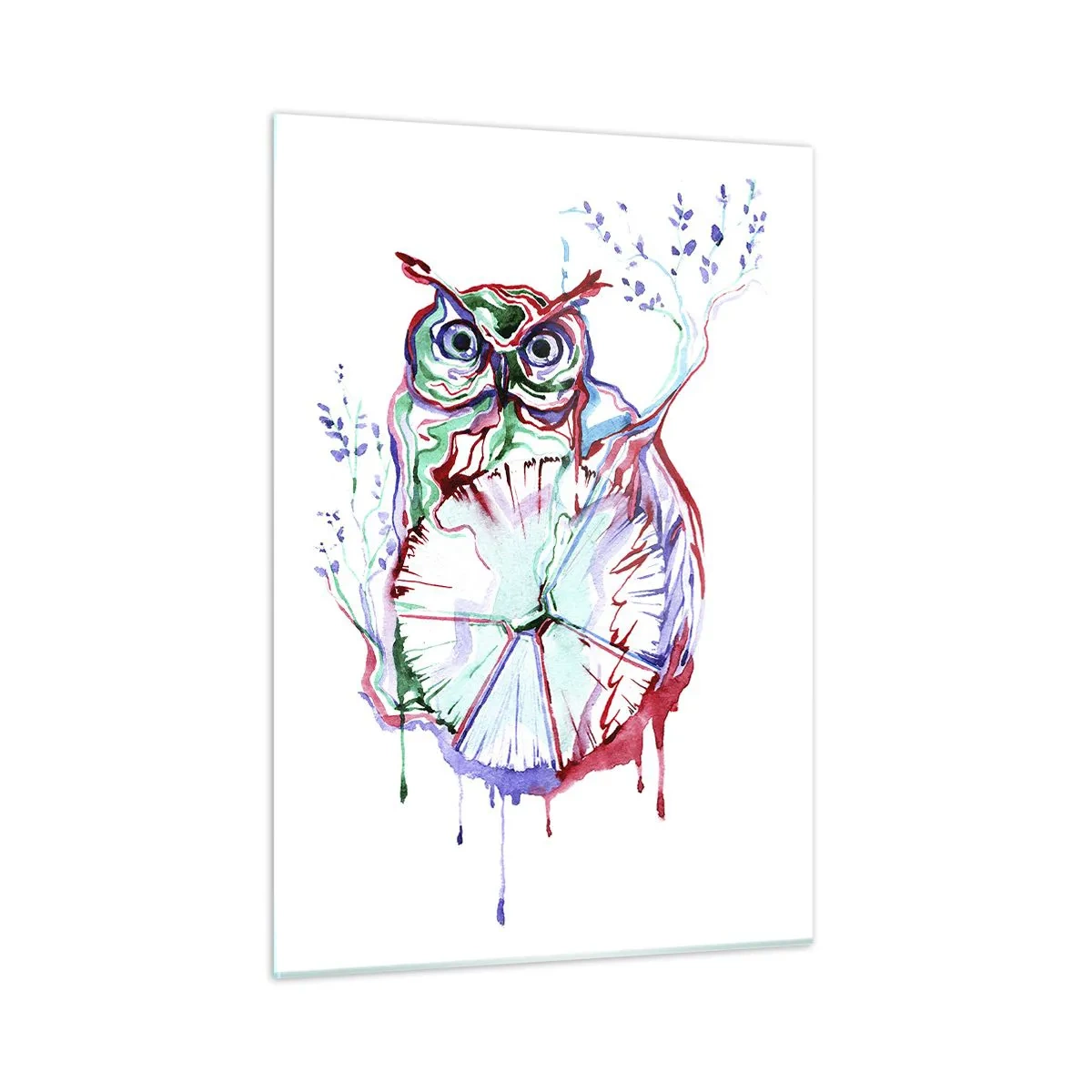 Impression sur verre - Image sur verre - Hibou abstrait dans une composition aquarelle colorée - 50x70cm - Sage par nature - Décoration murale moderne pour le salon et la chambre ARTTOR