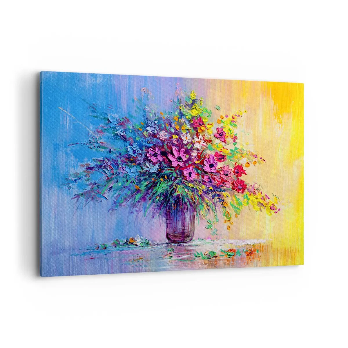 Impression sur toile - Image sur toile - Un bouquet de fleurs colorées dans un vase sur un fond dégradé - 100x70cm - Cadeau d'été de la prairie - Décoration murale moderne pour le salon et la chambre ARTTOR