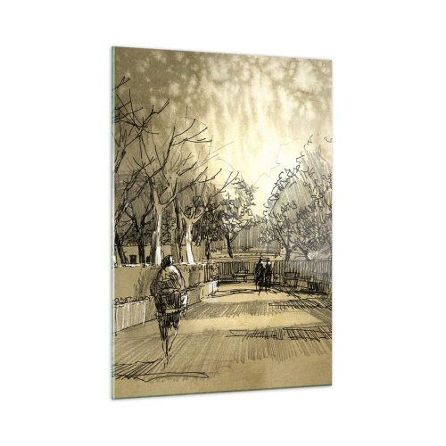 Impression sur verre - Image sur verre - Un dessin d'un parc avec des sentiers et des gens qui marchent - 50x70cm - Un moment arrêté avec une plume - Décoration murale moderne pour le salon et la chambre ARTTOR