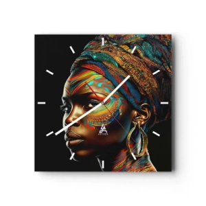 Horloge murale - Pendule murale - Portrait d'une femme avec un motif coloré et un turban - 30x30cm - reine africaine - Décoration murale moderne pour le salon et la chambre ARTTOR