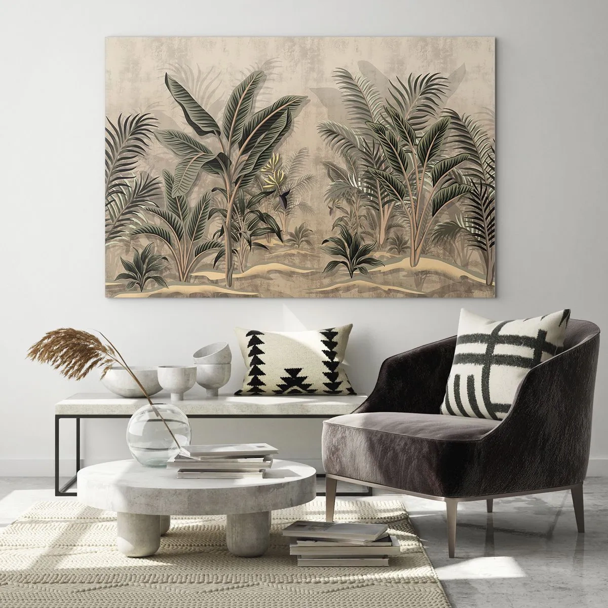Impression sur verre - Image sur verre - Plantes tropicales sur fond beige dans un style colonial - 70x50cm - Une gravure de style colonial - Décoration murale moderne pour le salon et la chambre ARTTOR