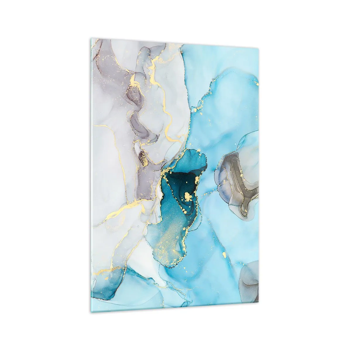 Impression sur verre - Image sur verre - Abstraction dans les tons de bleu et d'or avec des lignes subtiles - 70x100cm - Etude de la rencontre gris et turquoise - Décoration murale moderne pour le salon et la chambre ARTTOR