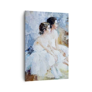 Impression sur toile - Image sur toile - Deux ballerines en tenue blanche se détendent sur un fond pastel. - 70x100cm - Reste de jeunes cygnes - Décoration murale moderne pour le salon et la chambre ARTTOR