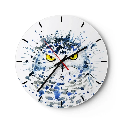 Horloge murale - Pendule murale - Chouette de style aquarelle aux yeux jaunes intenses - 30x30cm - Droit dans les yeux - Décoration murale moderne pour le salon, la cuisine et la chambre ARTTOR