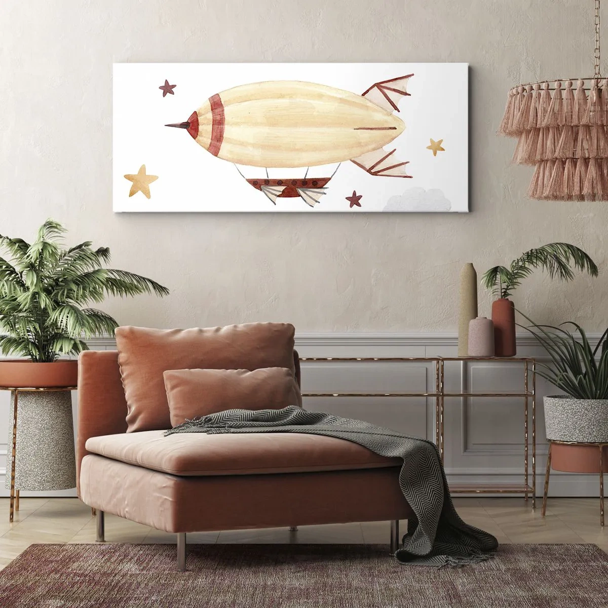Impression sur toile - Image sur toile - Un dirigeable peint à la main sur fond d'étoiles - 160x50cm - Dirigeable - Décoration murale moderne pour le salon et la chambre ARTTOR