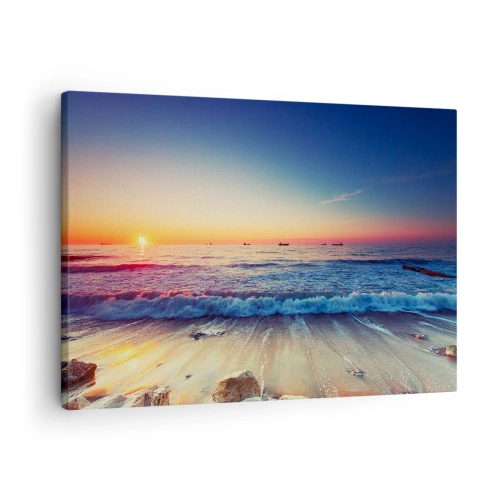 Impression sur toile - Image sur toile - Coucher de soleil sur une mer calme avec des vagues - 70x50cm - Mais quel horizon ? - Décoration murale moderne pour le salon et la chambre ARTTOR