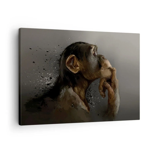 Impression sur toile - Image sur toile - Portrait d'un singe dans une pose réfléchissante sur fond gris - 70x50cm - Certainement un penseur - Décoration murale moderne pour le salon et la chambre ARTTOR