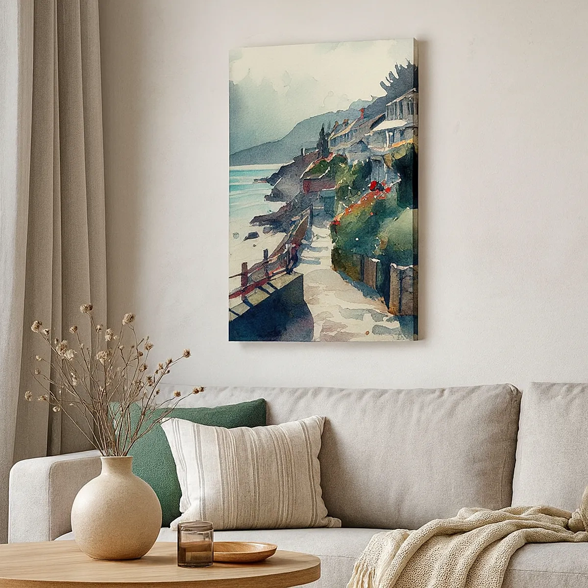 Impression sur toile - Image sur toile - Promenade en bord de mer avec maisons et végétation - 50x70cm - Ville méditerranéenne - Décoration murale moderne pour le salon et la chambre ARTTOR