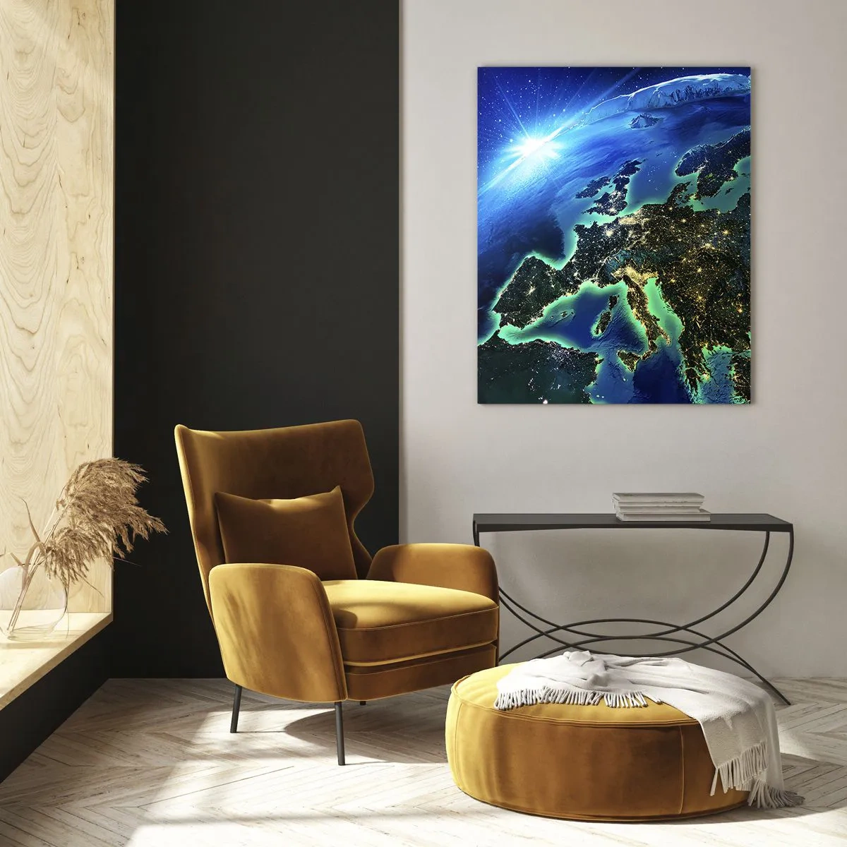 Impression sur verre - Image sur verre - Une vue d'Europe depuis l'espace à la lueur du soleil levant. - 70x100cm - Europe pétillante - Décoration murale moderne pour le salon et la chambre ARTTOR