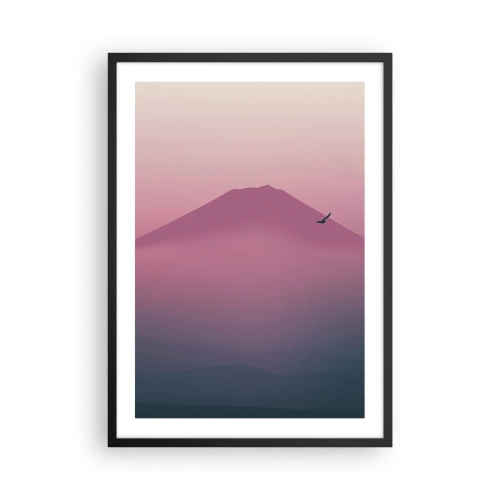 Affiche dans un cadre noir - Poster - Un paysage de montagne minimaliste dans des tons de rose et de violet - 50x70cm - Des pèlerins au dessus des nuages - Décoration murale moderne pour le salon et la chambre ARTTOR