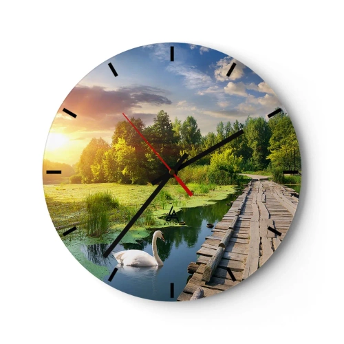 Horloge murale - Pendule murale - Jetée en bois sur un lac au coucher du soleil avec un cygne - 30x30cm - L'été, l'été partout - Décoration murale moderne pour le salon, la cuisine et la chambre ARTTOR