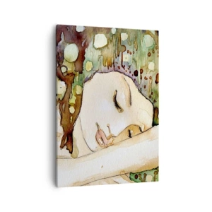Impression sur toile - Image sur toile - Une femme rêvant entourée de formes et de couleurs abstraites. - 50x70cm - Un rêve violet émeraude - Décoration murale moderne pour le salon et la chambre ARTTOR