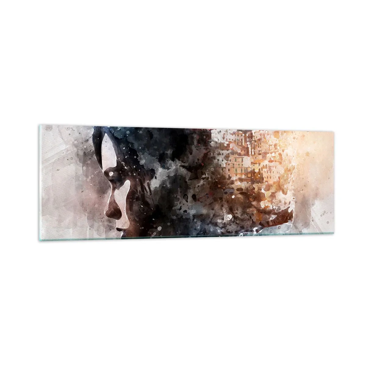 Impression sur verre - Image sur verre - L'histoire d'une fille avec une ville en arrière-plan - 90x30 cm