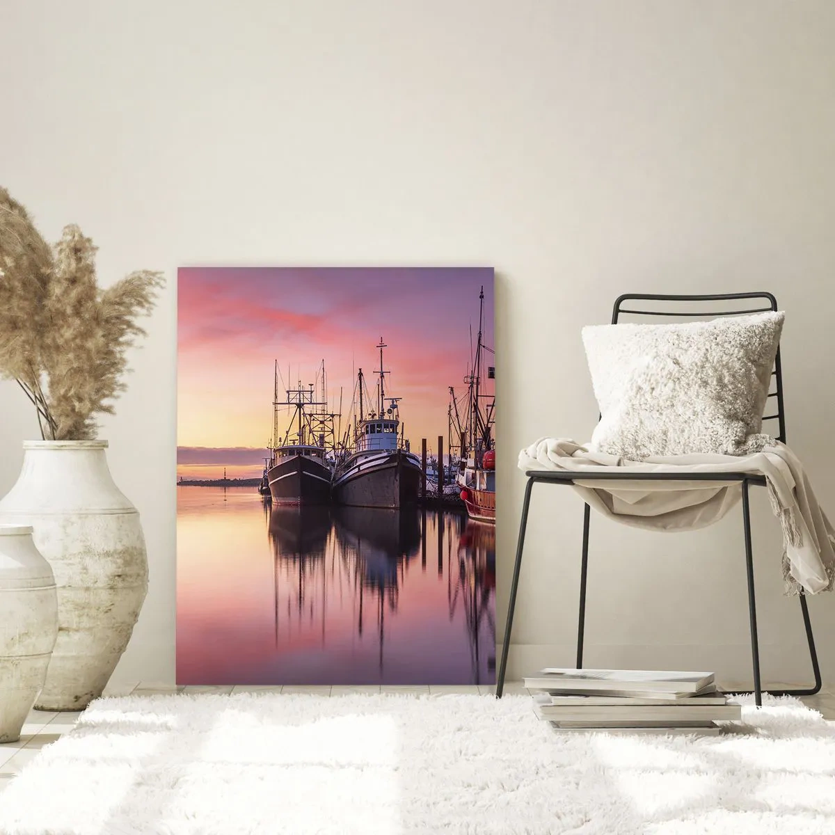 Impression sur verre - Image sur verre - Bateaux de pêche dans le port au coucher du soleil - 70x100cm - Avant le jour suivant - Décoration murale moderne pour le salon et la chambre ARTTOR