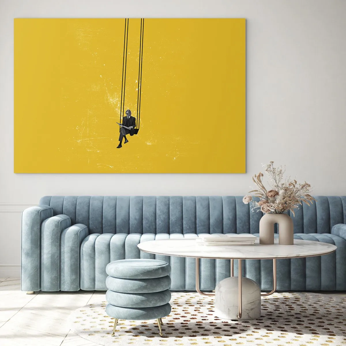 Impression sur verre - Image sur verre - Une figure sur une balançoire suspendue sur un fond jaune - 120x80cm - Un jour comme tous les jours - Décoration murale moderne pour le salon et la chambre ARTTOR