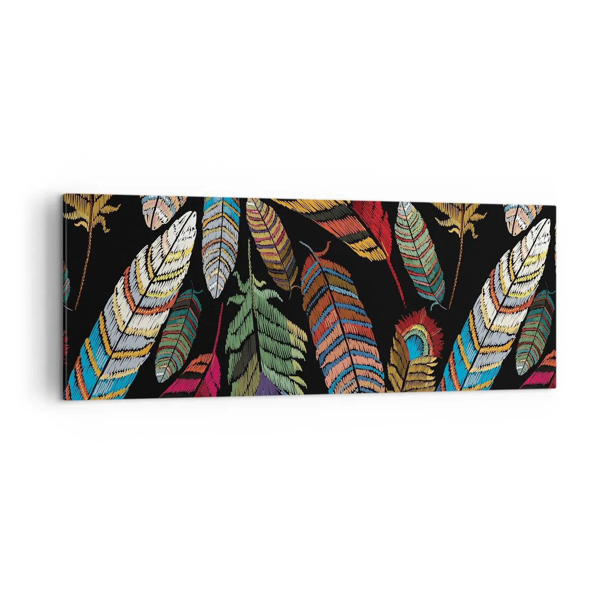 Impression sur toile - Image sur toile - Plumes colorées sur fond noir - 140x50cm - Le carnaval des oiseaux - Décoration murale moderne pour le salon et la chambre ARTTOR