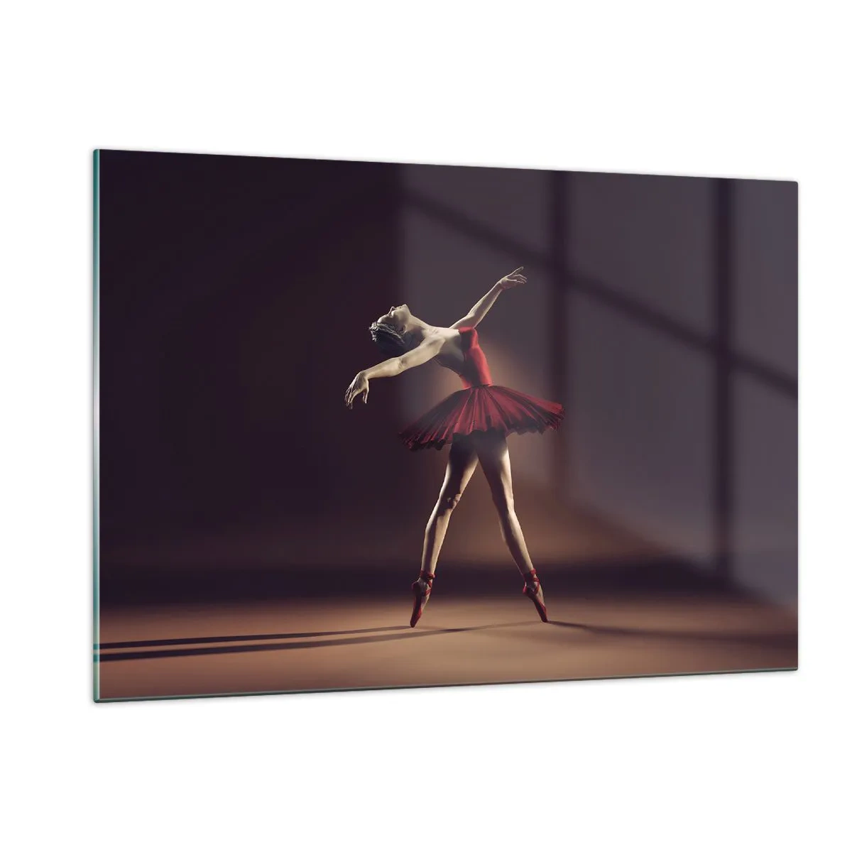 Impression sur verre - Image sur verre - Une ballerine en robe rouge dans une pose dynamique - 120x80cm - Une danseuse étoile - Décoration murale moderne pour le salon et la chambre ARTTOR