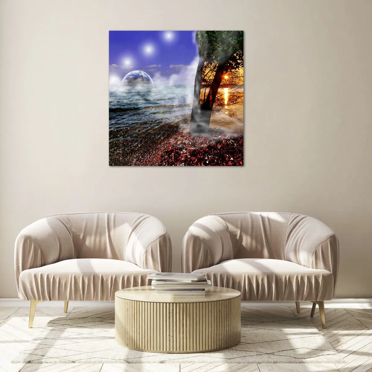 Impression sur verre - Image sur verre - Paysage surréaliste - unité de la nature - 70x70 cm