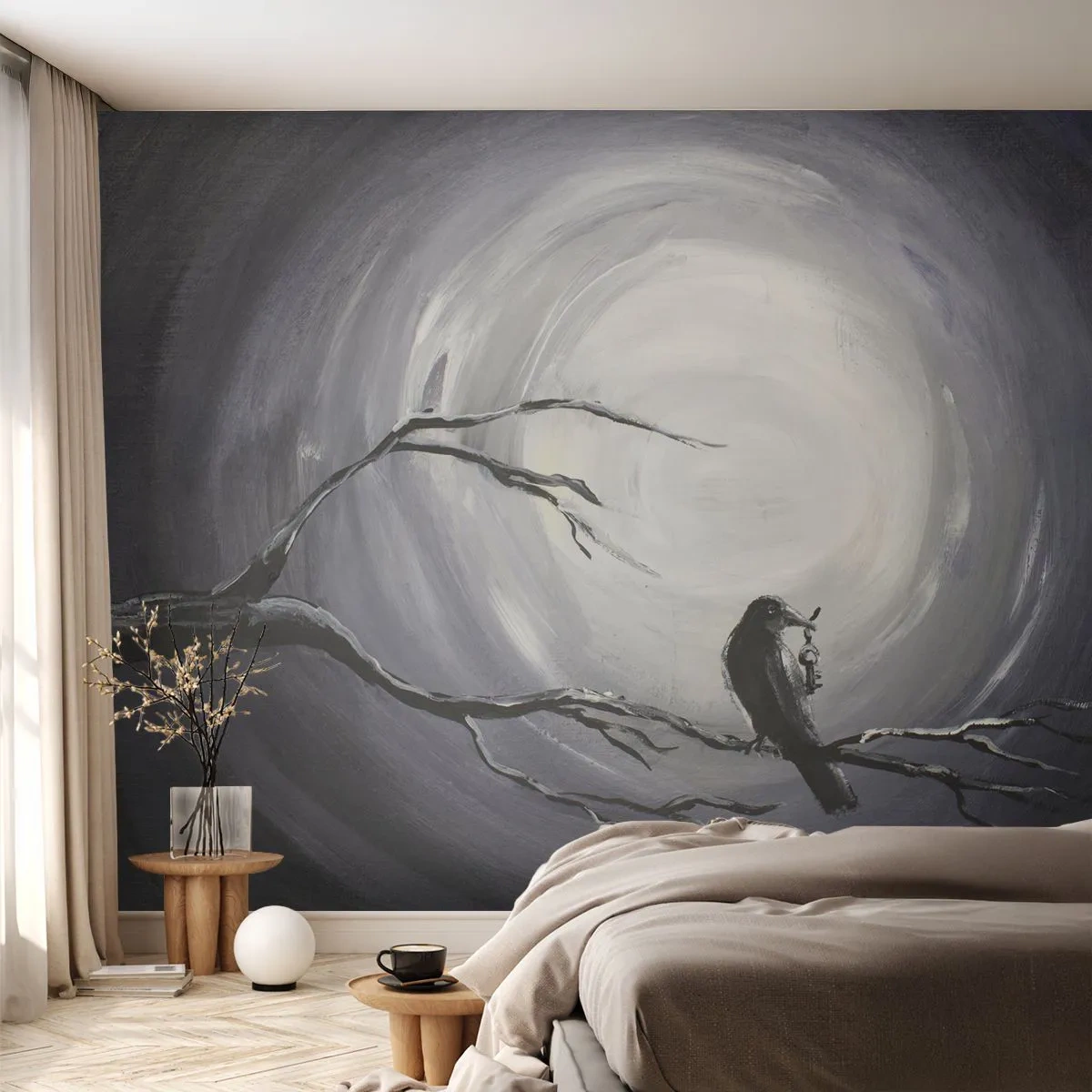 Papier Peint Photo Premium Canvas - La clé du mystère de la nuit - Abstraction, Corbeau, Oiseau - 200x140 cm