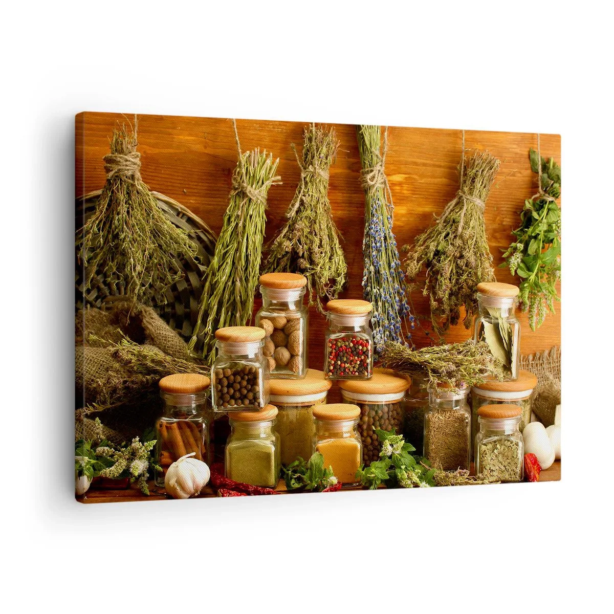 Impression sur toile - Image sur toile - Herbes et épices en pots sur fond rustique - 70x50cm - Sortilèges de cuisine - Décoration murale moderne pour le salon et la chambre ARTTOR