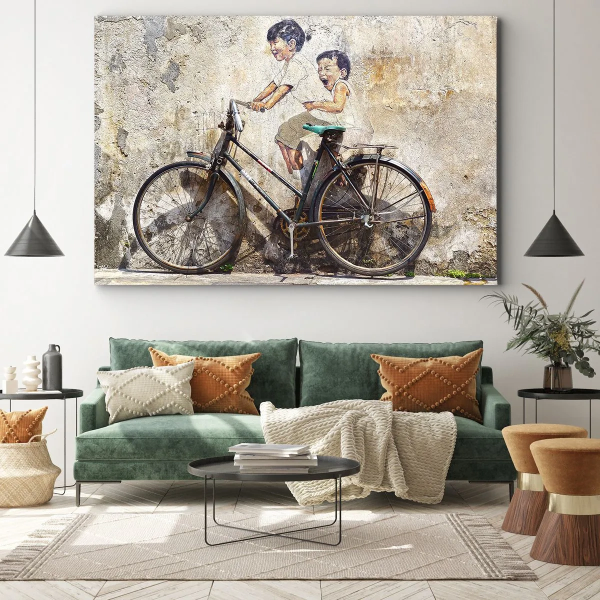 Impression sur toile - Image sur toile - Street art avec un vélo et des dessins d'enfants sur le mur - 100x70cm - Vrai ou faux? - Décoration murale moderne pour le salon et la chambre ARTTOR