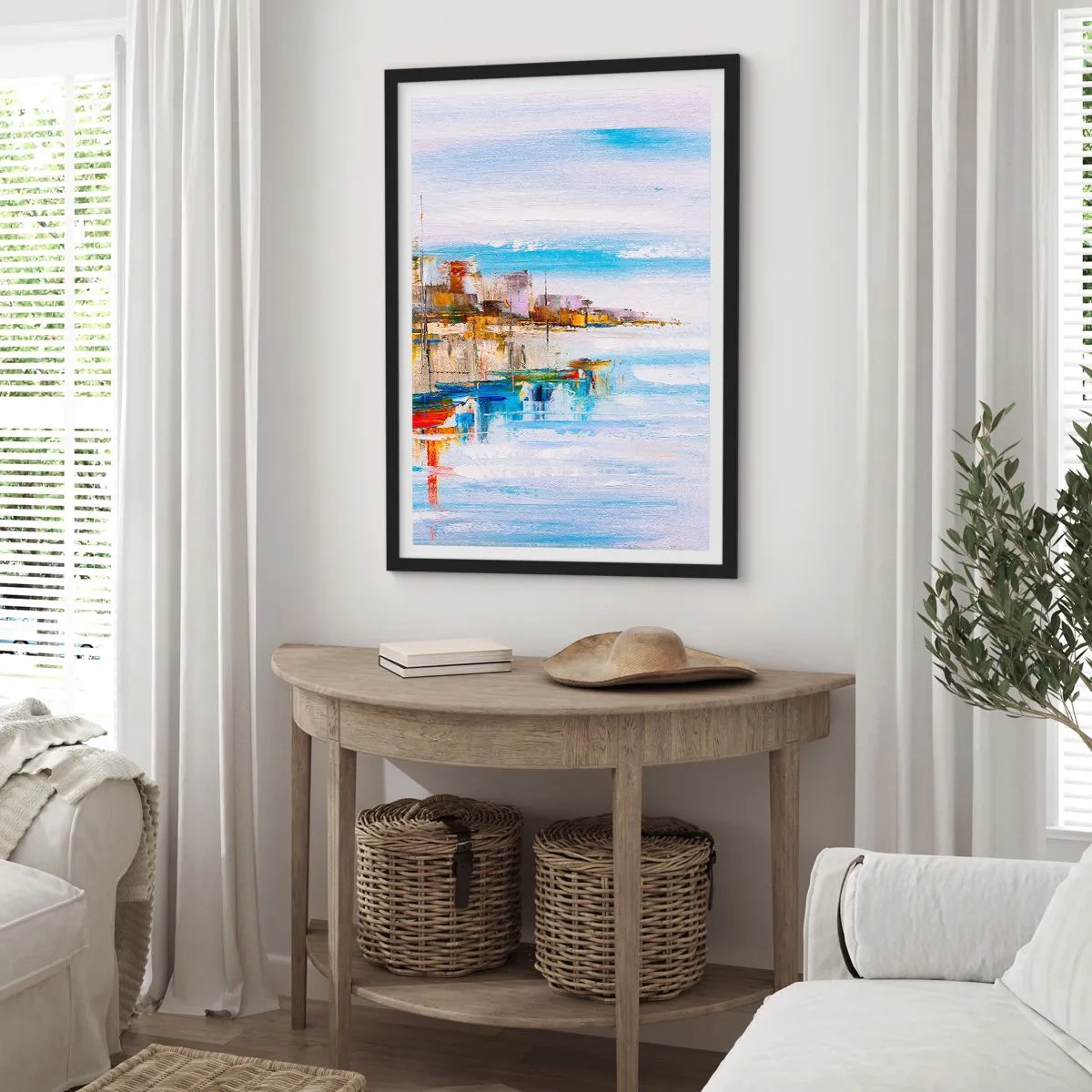 Affiche dans un cadre noir - Poster - Le paysage coloré de la station balnéaire - 50x70cm - Un havre urbain multicolore - Décoration murale moderne pour le salon et la chambre ARTTOR