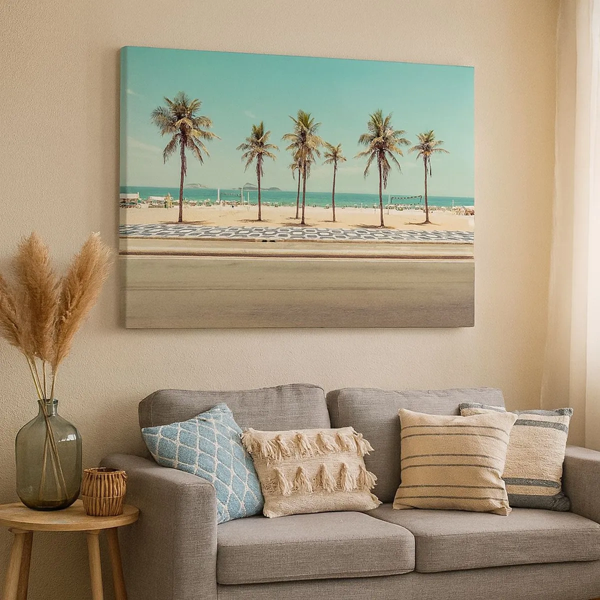 Impression sur toile - Image sur toile - Palmiers sur la plage surplombant la mer et le ciel bleu - 70x50cm - Gardien de plage - Décoration murale moderne pour le salon et la chambre ARTTOR
