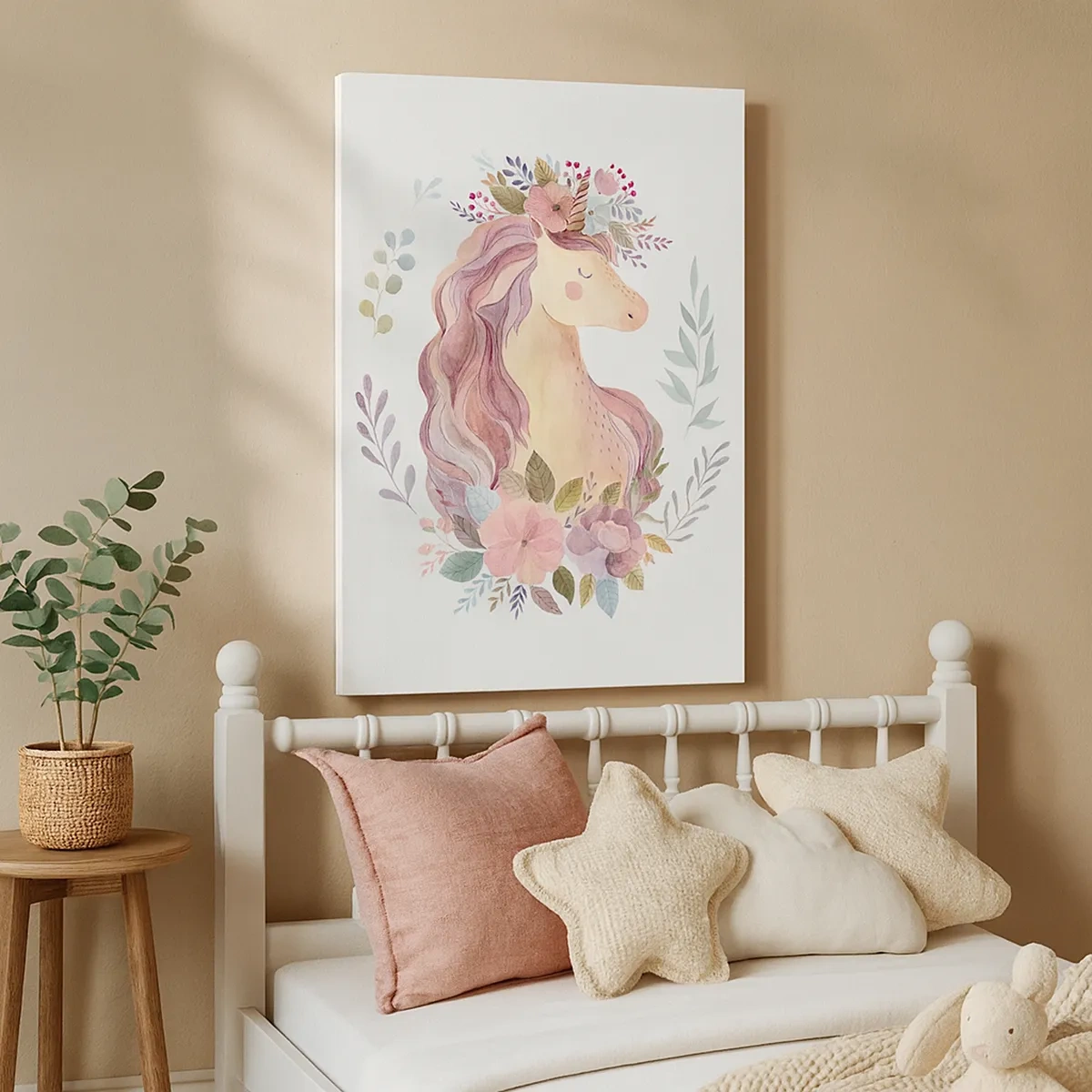 Impression sur toile - Image sur toile - Une licorne aux couleurs pastel entourée de fleurs - 50x70cm - Invitation au monde des contes de fées - Décoration murale moderne pour le salon et la chambre ARTTOR