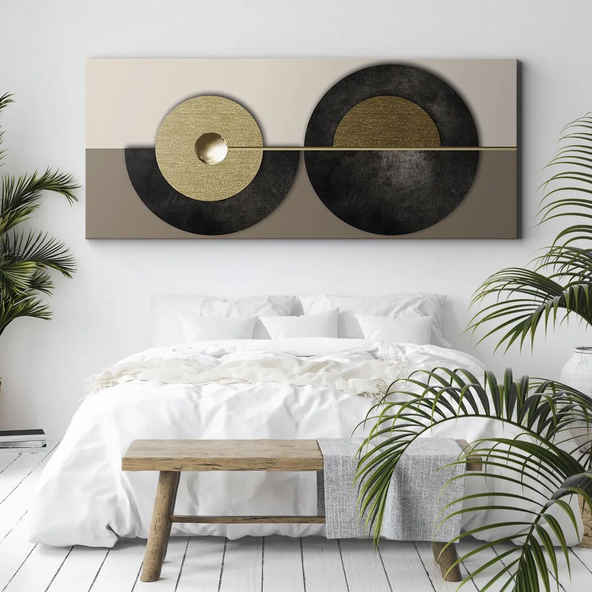 Impression sur toile - Image sur toile - Cercles abstraits dans des tons d'or et de marron - 160x50cm - Variations autour du cercle - Décoration murale moderne pour le salon et la chambre ARTTOR