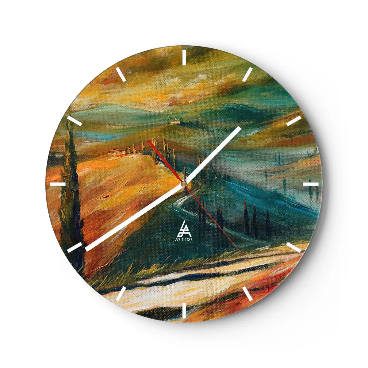 Horloge murale - Pendule murale - Un paysage pictural de collines et d'arbres aux couleurs toscanes - 30x30cm - paysage toscan - Décoration murale moderne pour le salon, la cuisine et la chambre ARTTOR