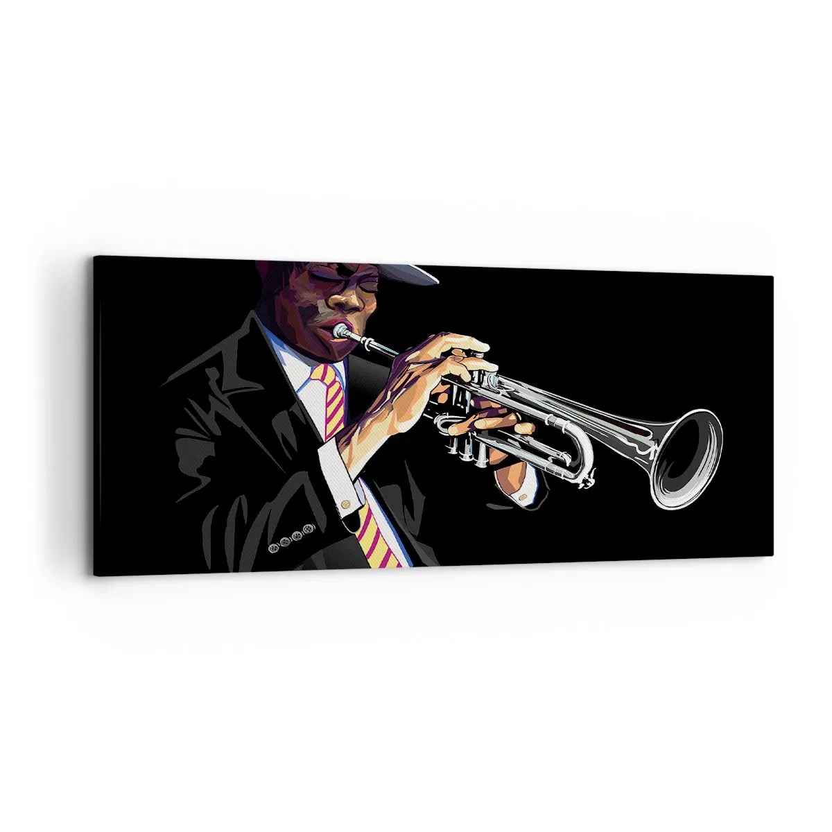 Impression sur toile - Image sur toile - Un musicien jouant de la trompette sur un fond noir - 120x50cm - Le charme de la vieille école - Décoration murale moderne pour le salon et la chambre ARTTOR