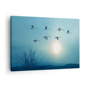 Impression sur toile - Image sur toile - Cygnes volants le matin - 70x50cm - Dis au revoir à l'été pour un an - Décoration murale moderne pour le salon et la chambre ARTTOR