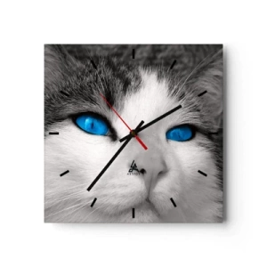 Horloge murale - Pendule murale - Portrait d'un chat aux yeux bleus en noir et blanc - 30x30cm - Yeux bleus inhabituels - Décoration murale moderne pour le salon et la chambre ARTTOR