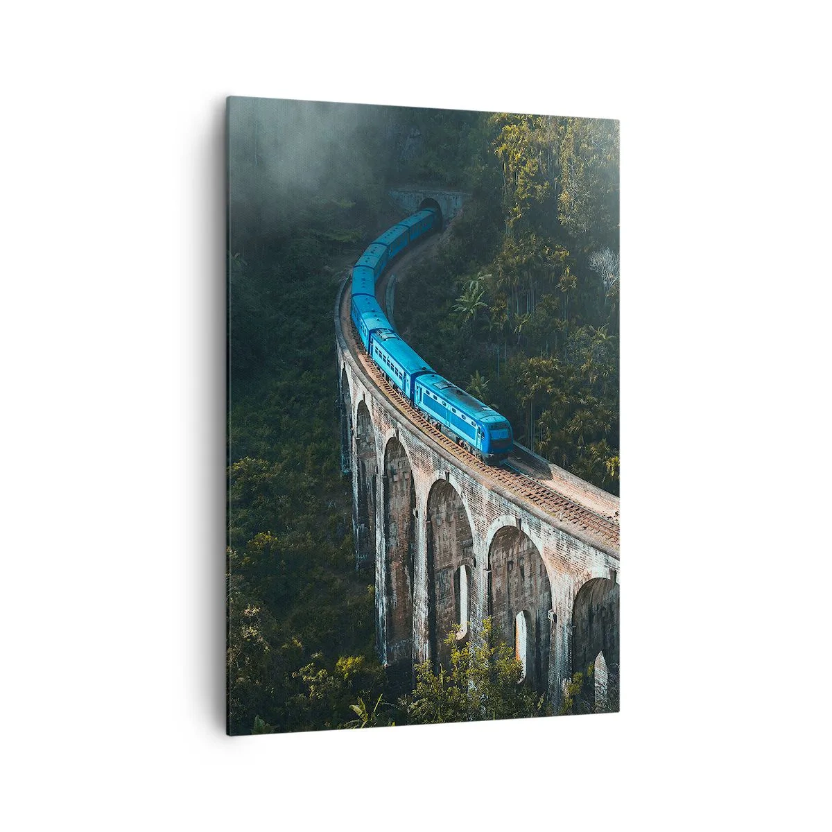 Impression sur toile - Image sur toile - Un train bleu sur un viaduc historique au milieu des forêts - 70x100cm - Train nature - Décoration murale moderne pour le salon et la chambre ARTTOR