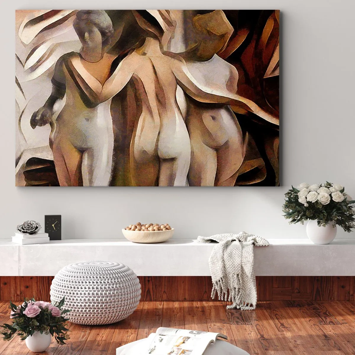 Impression sur toile - Image sur toile - Une scène abstraite avec trois personnages aux couleurs chaudes. - 70x50cm - Trois Grâces 2.0 - Décoration murale moderne pour le salon et la chambre ARTTOR