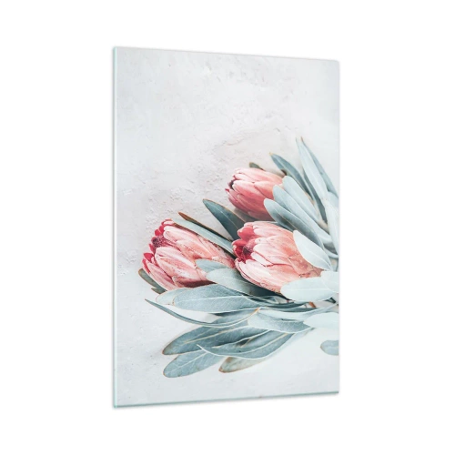 Impression sur verre - Image sur verre - Trois fleurs de protéa pastel avec des feuilles sur un fond clair - 50x70cm - Honte de leur propre beauté - Décoration murale moderne pour le salon et la chambre ARTTOR